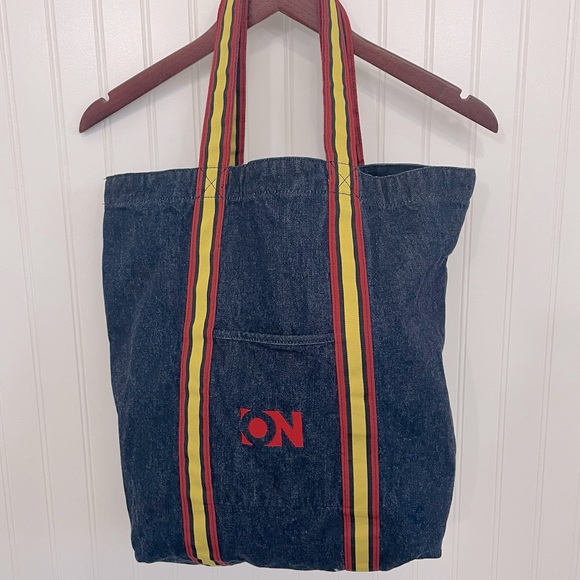 Old Navy Handbags - Old Navy Retro Denim Tote 70s 80s Throwback Grosgrain Ribbon Trim & Handles